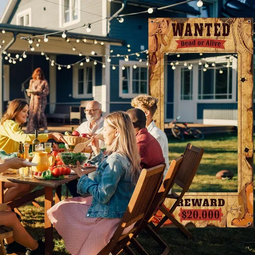 Miniatura 4 de Funrous Wanted Poster Photo Prop Western Photo Booth Prop - Marco grande para selfies, cartel de tela, cartel de fondo para decoración de fiesta