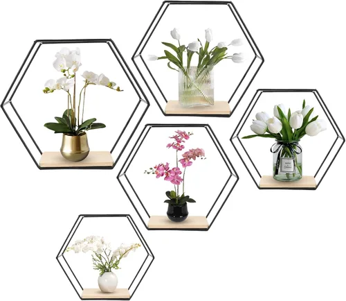 Miniatura 8 de Estantes flotantes hexagonales montados en la pared, juego de 3 en diferentes tamaños, estante de pared de metal moderno, estantes de almacenamiento