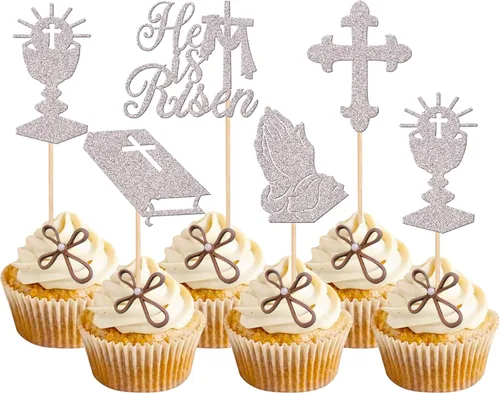 Miniatura 22 de 30 piezas de decoración para magdalenas de Pascua con purpurina de cruz religiosa He is resucitado para cupcakes de la Santa Biblia, Dios bendiga