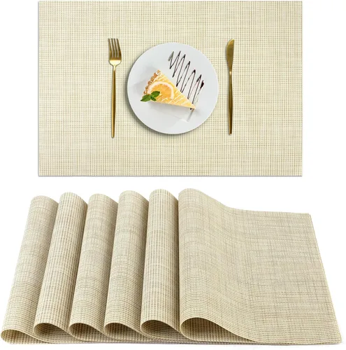 AUAUY Juego de 6 manteles individuales, antideslizantes, resistentes al calor, manteles individuales de vinilo tejido de PVC lavables para cocina,