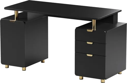 Miniatura 8 de Elegante escritorio ejecutivo de 56.75 pulgadas de ancho con 3 cajones y armario de almacenamiento, escritorio de oficina moderno con detalles