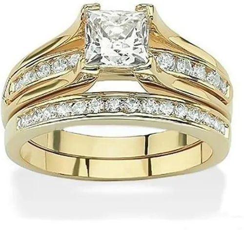 Miniatura 2 de His & Her 14K.G.P., conjuntos de anillos de compromiso y de bodas de 3 piezas en acero inoxidable para mujer y hombre.