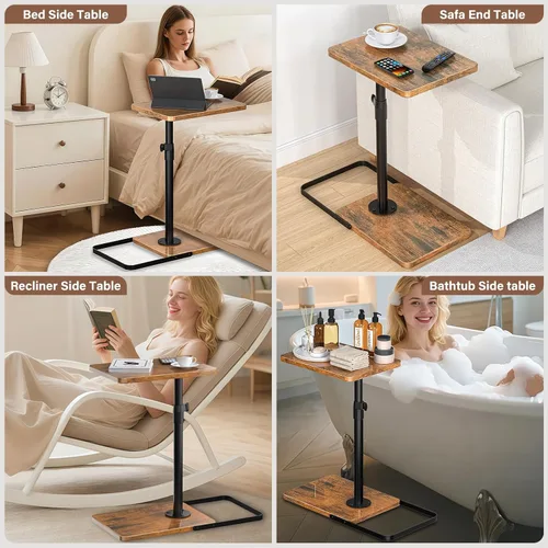 Miniatura 6 de Mesa auxiliar de mesa C de altura ajustable, mesa giratoria de 360°, base de metal y madera mejorada para evitar resbalones, mesa con reposabrazos