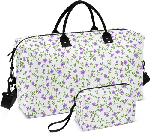 Small Purple Flowers Green Vines Vintage Decorative Carry on Bag Gym Sports Carry with Adjustable Strap for Sports 2 Pcs Set bolso de para Mujer