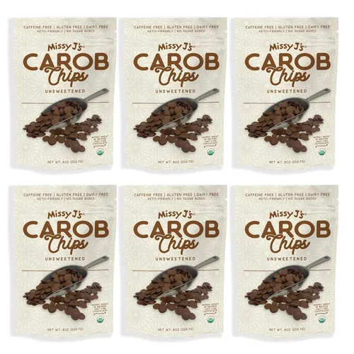 Missy J's Chips de algarrobo orgánico sin azúcar, 8 onzas, veganos y sin gluten, sustituto de chocolate saludable sin cafeína para hornear y