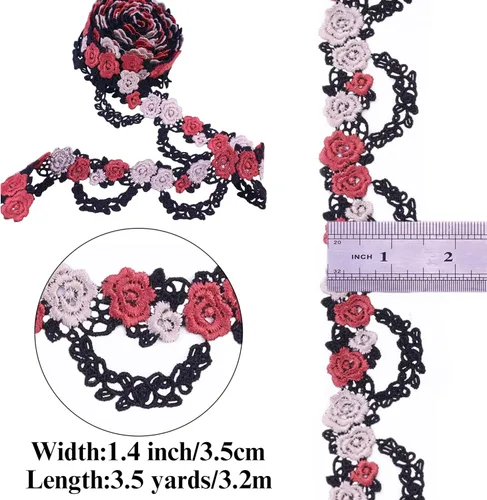Miniatura 2 de Cinta de encaje bordada con flores negras para coser manualidades, boda, 3.5 yardas