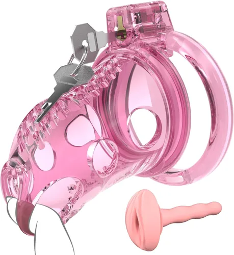 Miniatura 7 de Jaula de castidad masculina – Jaula de pene rosa ligera con parte delantera de plástico suave y anillos de 6 tamaños, cómodo dispositivo de castidad