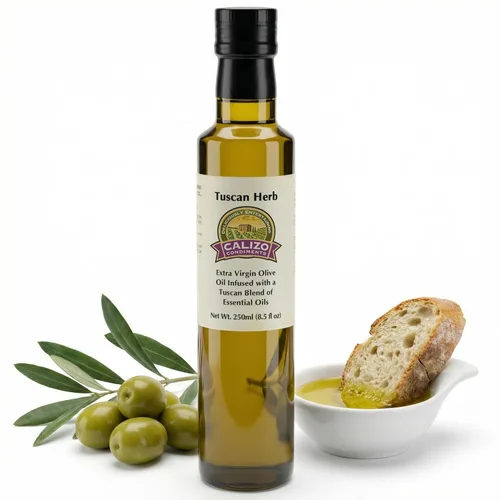 Calizo Aceite de oliva toscano con infusión de hierbas, botella de vidrio de 8.5 fl oz, AOVE virgen extra prensado en frío con albahaca real,