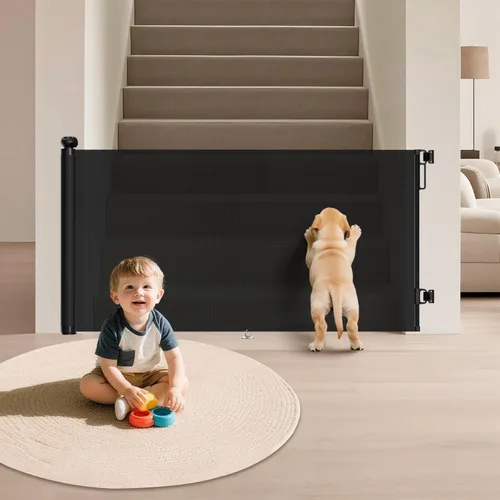 Puerta retráctil para bebés para escaleras y puertas, 34 pulgadas de alto que se extiende hasta 55 pulgadas de ancho, puerta de malla para bebés y