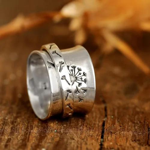 Miniatura 9 de Boho-Magic Anillo giratorio de plata de ley 925 para mujer, diseño de flor de diente de león para aliviar la ansiedad, banda ancha, Metal,