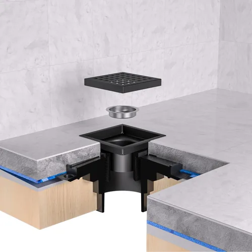 Miniatura 7 de EXF Drenaje de ducha cuadrado de 6 pulgadas con base de brida ABS, drenaje de piso de acero inoxidable 304 negro mate, rejilla extraíble y colador