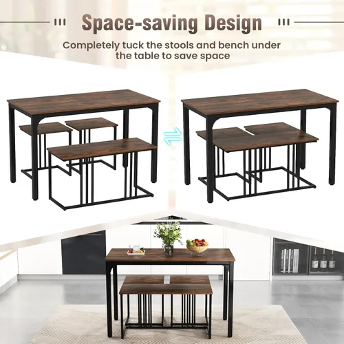 Miniatura 3 de Giantex Juego de mesa de comedor de 4 piezas para 4, mesa y sillas de cocina modernas, juego de muebles anidables con banco y 2 taburetes, juego