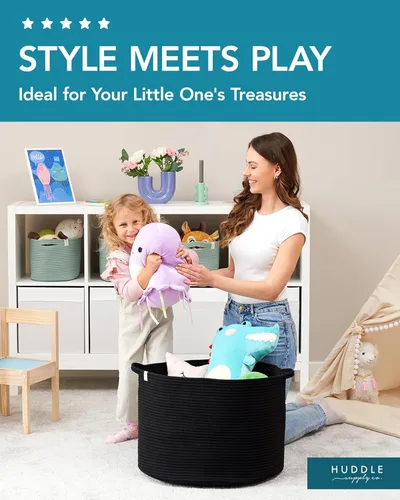 Miniatura 4 de XXXXL LAVABLE Cesta Grande Negra para Mantas Cesta para Sala de Estar 2 Piezas Cestas de Juguetes Almacenamiento Niños de Cuerda Tejida XXX Cesta
