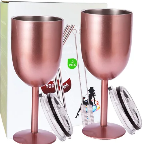 AMZUShome Copas de vino de acero inoxidable (paquete de 2). Vaso de vino de doble pared aislado al vacío con tapa y pajita. Amistad, Navidad, Oro