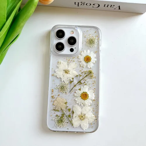 Miniatura 4 de LSEEKA Funda transparente para iPhone 15 Pro Max con diseño de flores reales prensadas, con purpurina, bonito patrón floral blanco, delgada, suave