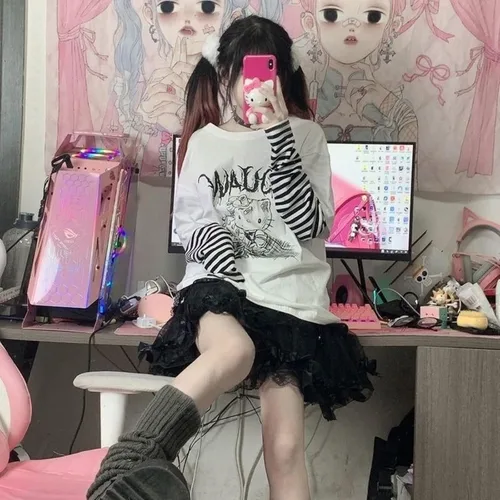 Miniatura 6 de Camisetas de manga larga de anime para mujer, retazos, Kawaii Harajuku, falsas de dos piezas góticas