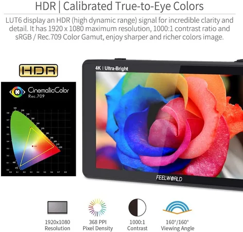 Miniatura 4 de FEELWORLD LUT6 6 pulgadas 2600nits HDR 3D LUT pantalla táctil DSLR Cámara Monitor de campo con forma de onda VectorScope histograma 4K entrada HDMI