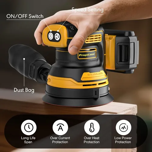 Miniatura 6 de Lijadora orbital aleatoria para batería Dewalt de 20 V, lijadora inalámbrica de palma de 5 pulgadas con 10 piezas de papel de lija, 3 velocidades