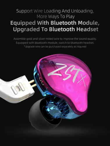 Miniatura 7 de Audífonos intrauriculares KZ ZST X, auriculares con controlador doble híbrido dinámico mejorado ZSTX, audífonos estéreo HiFi IEM con cable Negro