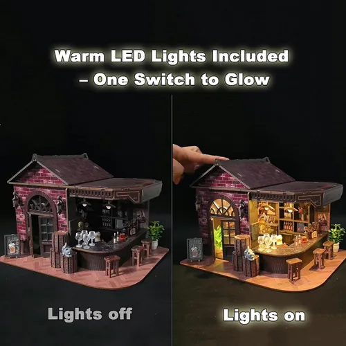 Miniatura 6 de Kit de rincón de libros, rompecabezas de madera 3D para bricolaje, casa en miniatura, taberna de esquina de pub vintage con luces LED, mini kit