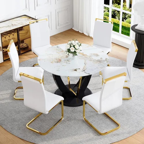 Miniatura 51 de Juego de mesa de comedor redonda para 4, mesa moderna de 48" con tapa de mármol sintético falso y pedestal brillante negro, juego de mesa de cocina