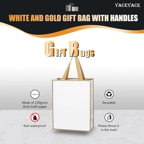 Miniatura 5 de Bolsas de regalo blancas con marco dorado, 20 unidades, 8 x 4.25 x 10.5 pulgadas, medianas y blancas y doradas, elegantes bolsas de regalo de lujo