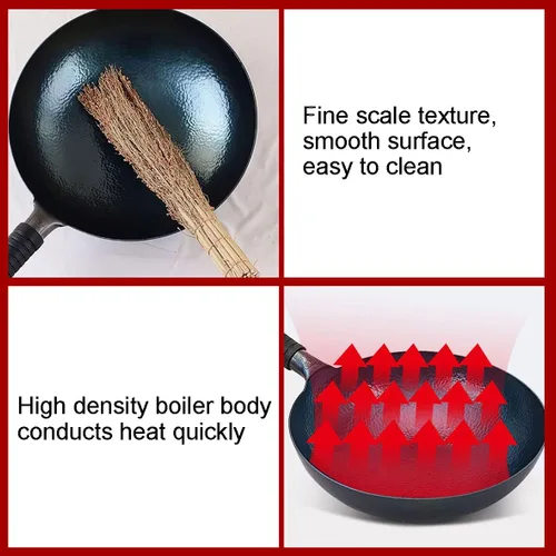 Miniatura 6 de Olla de hierro chino, woks de hierro multiusos, sartén para freír, forjado a mano sin revestimiento, olla antiadherente, wok, adecuado para estufas
