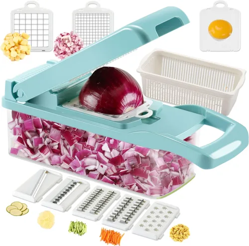 Ourokhome - Cortador de mandolina para verduras, 7 cuchillas, práctico triturador de cebolla con separador de huevos y colador para cocina, Azul
