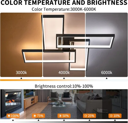 Miniatura 4 de Shine LUEST Modernas luces LED de techo para dormitorio, 26 pulgadas, regulables, cuadradas, para sala de estar, con control remoto, lámpara negra