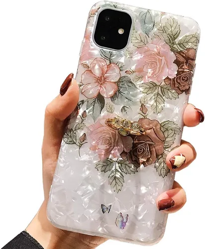 Qokey Funda compatible con iPhone 11 de 6.1 pulgadas, diseño floral transparente para mujer con soporte de anillo giratorio de 360 grados, funda de