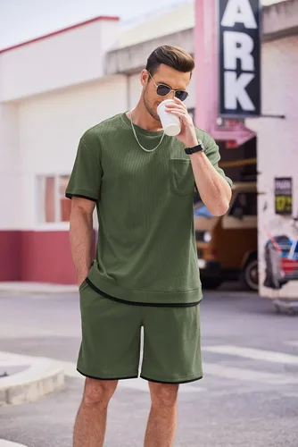 Miniatura 12 de COOFANDY Conjunto de camisa y pantalones cortos de gofre para hombre, conjunto de 2 piezas, conjunto casual de verano con bolsillos