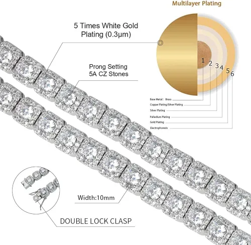 Miniatura 2 de JINAO - Cadena de eslabones para hombre estilo tenis chapada en oro de 18 quilates, de 0.39 (10 mm) de ancho, completamente decorada con circonitas