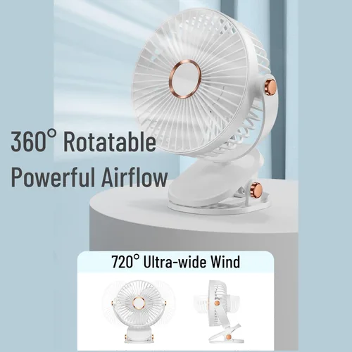 Miniatura 2 de Ventilador de escritorio con clip con luces, recargable por USB, 2400 mAh, 5 niveles de velocidad de flujo de aire, ventilador personal portátil