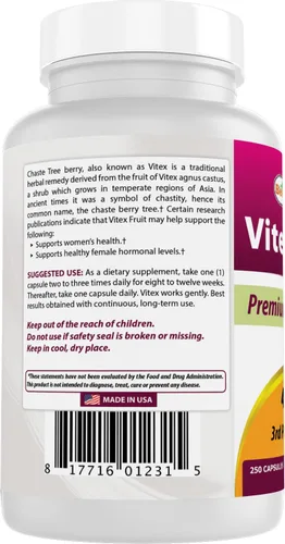 Miniatura 7 de Best Naturals Vitex Chasteberry 400 mg 250 Cápsulas (Paquete de 2)