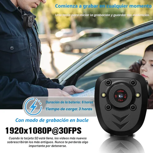 Miniatura 4 de Mini Cámara de Cuerpo Grabadora de Video con Tarjeta de Memoria Integrada de 128GB con Visión Nocturna IR y Grabación en Bucle HD 1080P, Vida