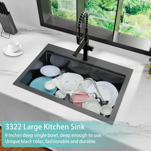 Miniatura 9 de Fregadero de cocina de 33 x 22 pulgadas, color negro, 33 pulgadas de montaje superior, fregadero de cocina de acero inoxidable calibre 16, estación