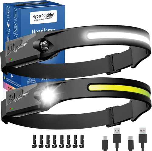 Faro LED recargable (paquete de 2) haz ancho de 230°, lámpara de cabeza ligera USB-C, largo tiempo de funcionamiento, resistente al agua para Negro