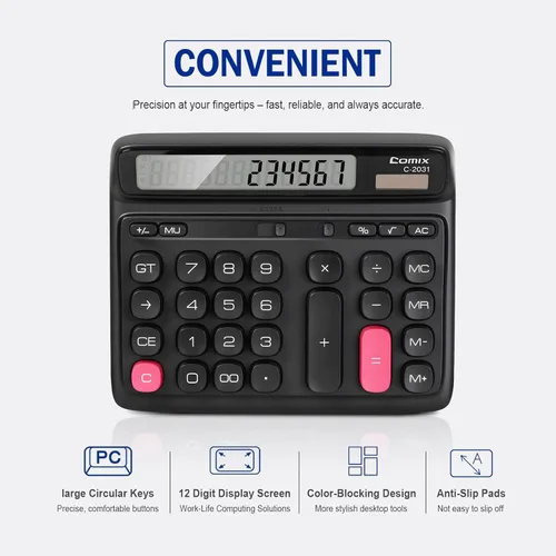 Miniatura 6 de Comix Calculadora de escritorio con pantalla LCD grande de 12 dígitos, batería solar de doble alimentación, calculadora básica con teclas grandes