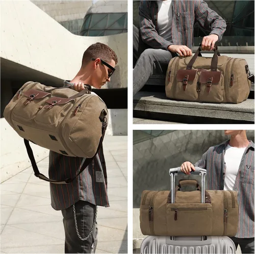 Miniatura 2 de Wildroad Bolsa de lona de viaje de 50 litros, bolsa de lona expandible de cuero genuino mejorada para el fin de semana durante la noche, Café