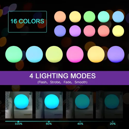 Miniatura 4 de Paquete de 2 luces LED recargables de 3 pulgadas, 16 esferas de brillo de color, 4 modos, bolas de iluminación ambiental impermeables, orbes