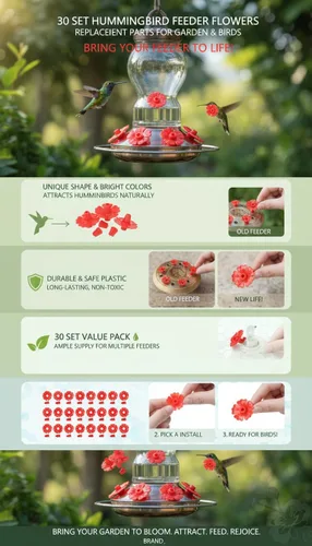 Miniatura 4 de Hyuduo 30 piezas de repuesto para comedero de colibríes, anillos de comedero de colibríes, puertos de alimentación de flores para comederos de Rojo