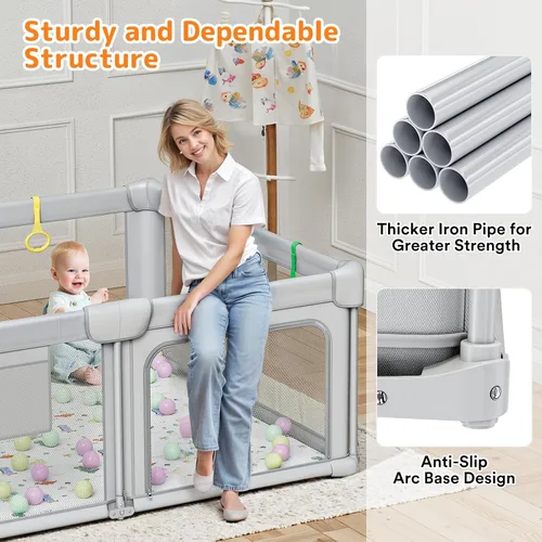 Miniatura 4 de Corralito plegable para bebés con alfombra, corralito de 71 x 59 pulgadas para bebés y niños pequeños, corral de juegos plegable grande, patio