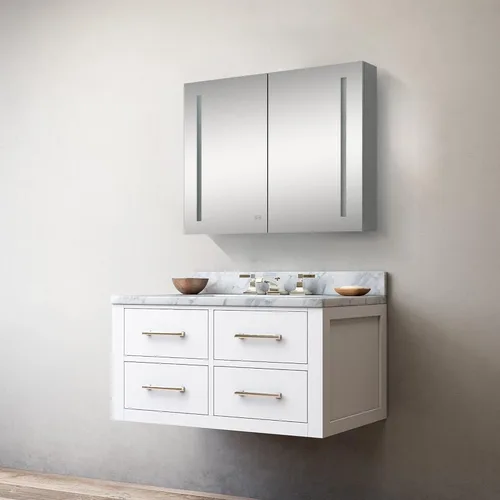 Miniatura 3 de Botiquín de baño de 40 x 30 pulgadas con espejo LED, armario de baño regulable de 3 colores montado en la pared con estantes de almacenamiento de 3