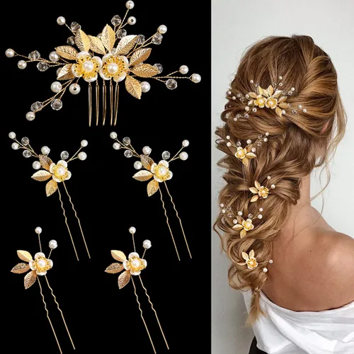 Miniatura 9 de 5 Piezas Peines Dorados para Cabello de Boda Nupcial, Tocado, Horquillas con Perlas, Clips, Joyería Vintage para Cabello para Novias, Damas