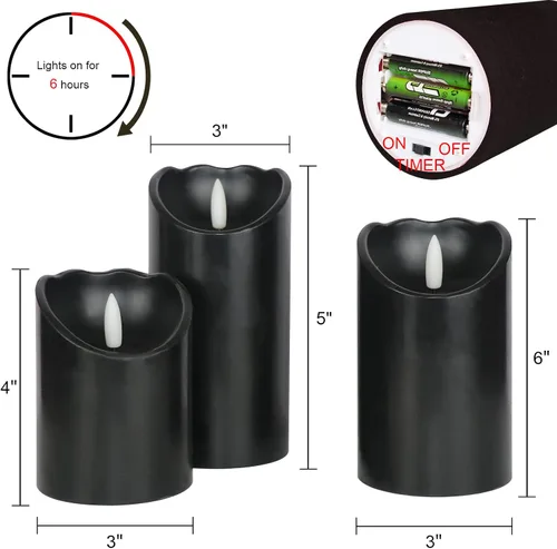 Miniatura 2 de Velas de pilar sin llama negras con temporizador de 6H, alimentadas por batería AAA, mecha y cera reales, velas LED parpadeantes con tema