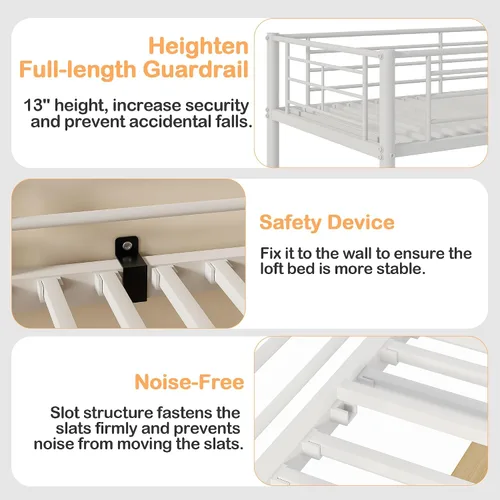 Miniatura 4 de VECELO Cama alta tamaño individual con escritorio, base de cama de metal con escalera extraíble y barandilla de seguridad, no necesita somier