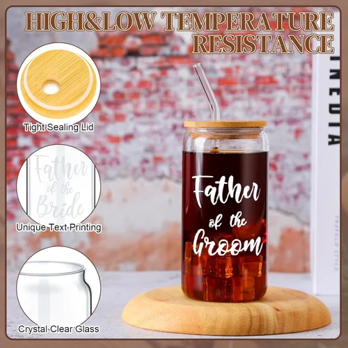 Miniatura 3 de 2 juegos de tazas de vidrio para madre del novio con tapas y pajitas, tazas de café helado de 16 onzas, regalos de boda para novia y novio (padre)