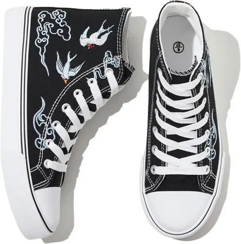 kufeiti Zapatillas de lona altas para mujer, zapatos de lona con cordones, zapatillas blancas y negras, zapatos casuales para caminar