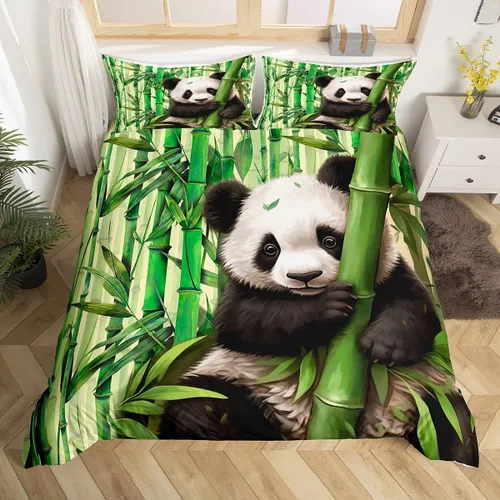Manfei Juego de funda de edredón de panda lindo para niños, tamaño individual, juego de ropa de cama con temática de animales de dibujos animados, 2
