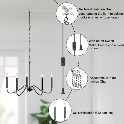 Miniatura 3 de ETONIMERR Lámpara colgante enchufable negra con luz larga de granja, lámpara colgante enchufable de 5 luces para comedor, lámpara de araña rústica